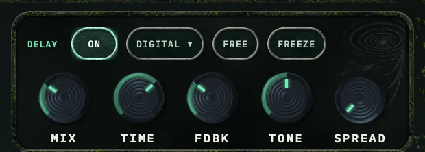 Sylvaris DELAY card: on, digital, free and freeze chips above mix, time, feedback, tone and spread knobs.