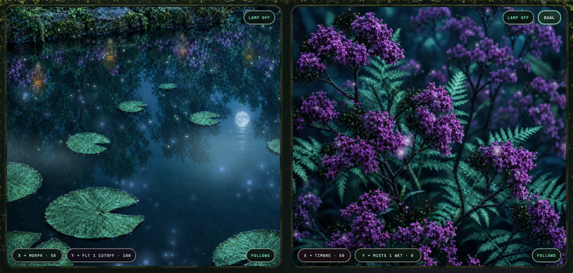 The Sylvaris GROVE tab in DUAL: two square pads side by side, a moonlit lily pond on the left and a thicket of blossom and fern on the right, each with its own X and Y target chips and its own LAMP chip.