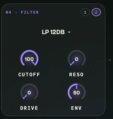 Sylvaris FILTER card, slot 2 selected: LP 12dB mode with cutoff, reso, drive and env knobs.