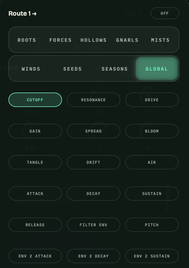 Sylvaris route destination picker: module tabs for ROOTS, FORCES, HOLLOWS, GNARLS, MISTS, WINDS, SEEDS, SEASONS and GLOBAL above a grid of destinations.