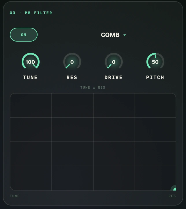 Sylvaris MB FILTER card: comb mode with tune, res, drive and pitch knobs above an XY pad.