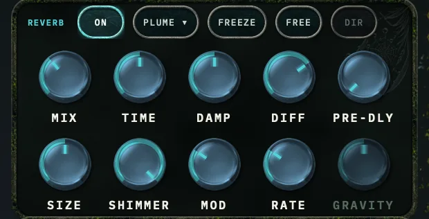 Sylvaris REVERB card in PLUME mode: mix, time, damp, diff and pre-delay knobs above size, shimmer, mod, rate and gravity.