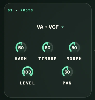 Sylvaris ROOTS card: the VA + VCF engine selected, with harm, timbre, morph, level and pan knobs.