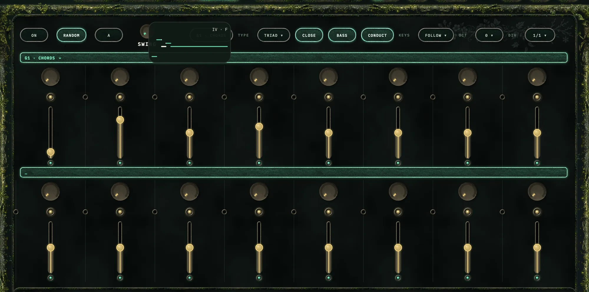 The Sylvaris SEASONS tab with group 1 set to CHORDS: type, spread, bass and conduct chips in the header, four step faders set to a I, vi, IV, V progression, and a bubble over step three reading IV, F.