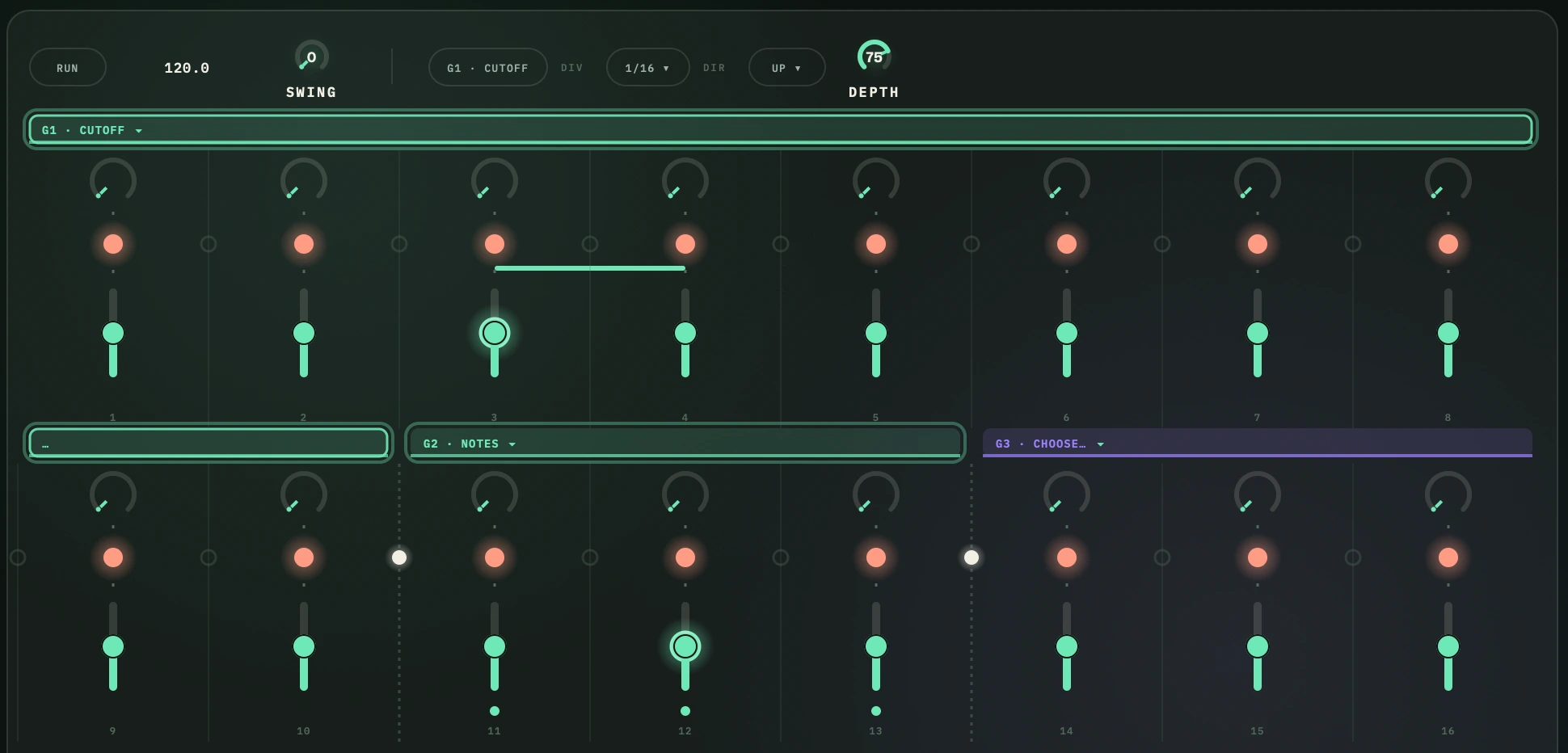The Sylvaris SEASONS tab: sixteen sequencer segments in grouped bands, each with a shape knob, gate light and level slider.
