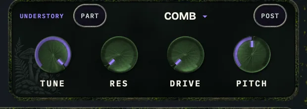 Sylvaris UNDERSTORY card in COMB mode: tune, res, drive and pitch knobs.