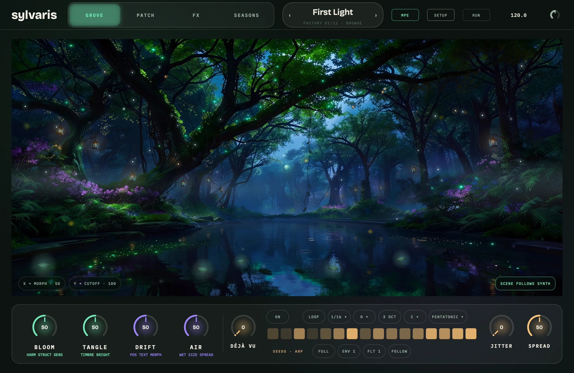 Sylvaris GROVE tab: the forest pond play surface with the macro knobs, DEJA VU, SEEDS pattern strip and key/scale/rate/octave chips in the footer.