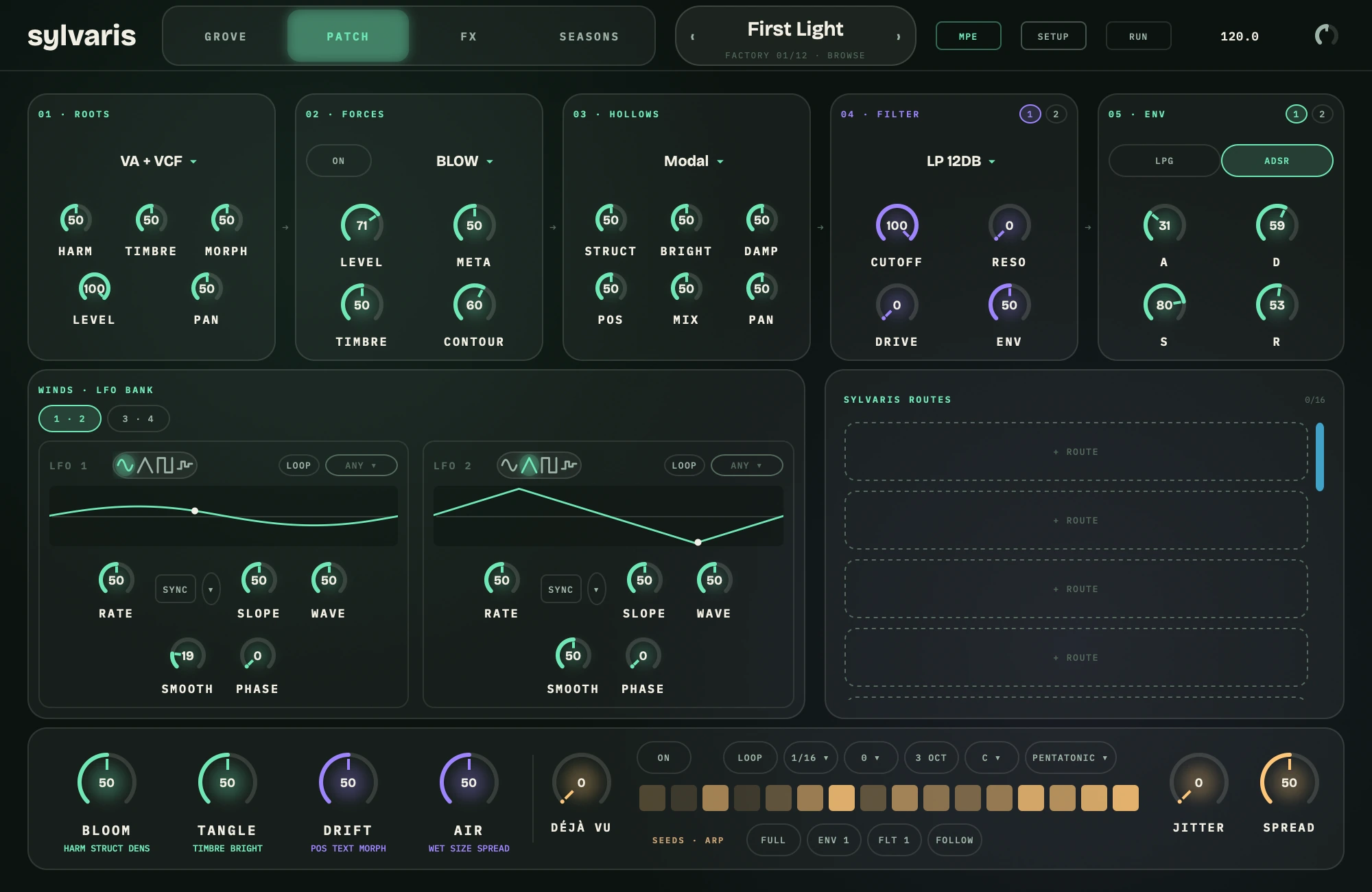 Sylvaris PATCH tab: ROOTS, FORCES, HOLLOWS, FILTER and ENV voice cards above the WINDS LFO bank and the routing matrix.