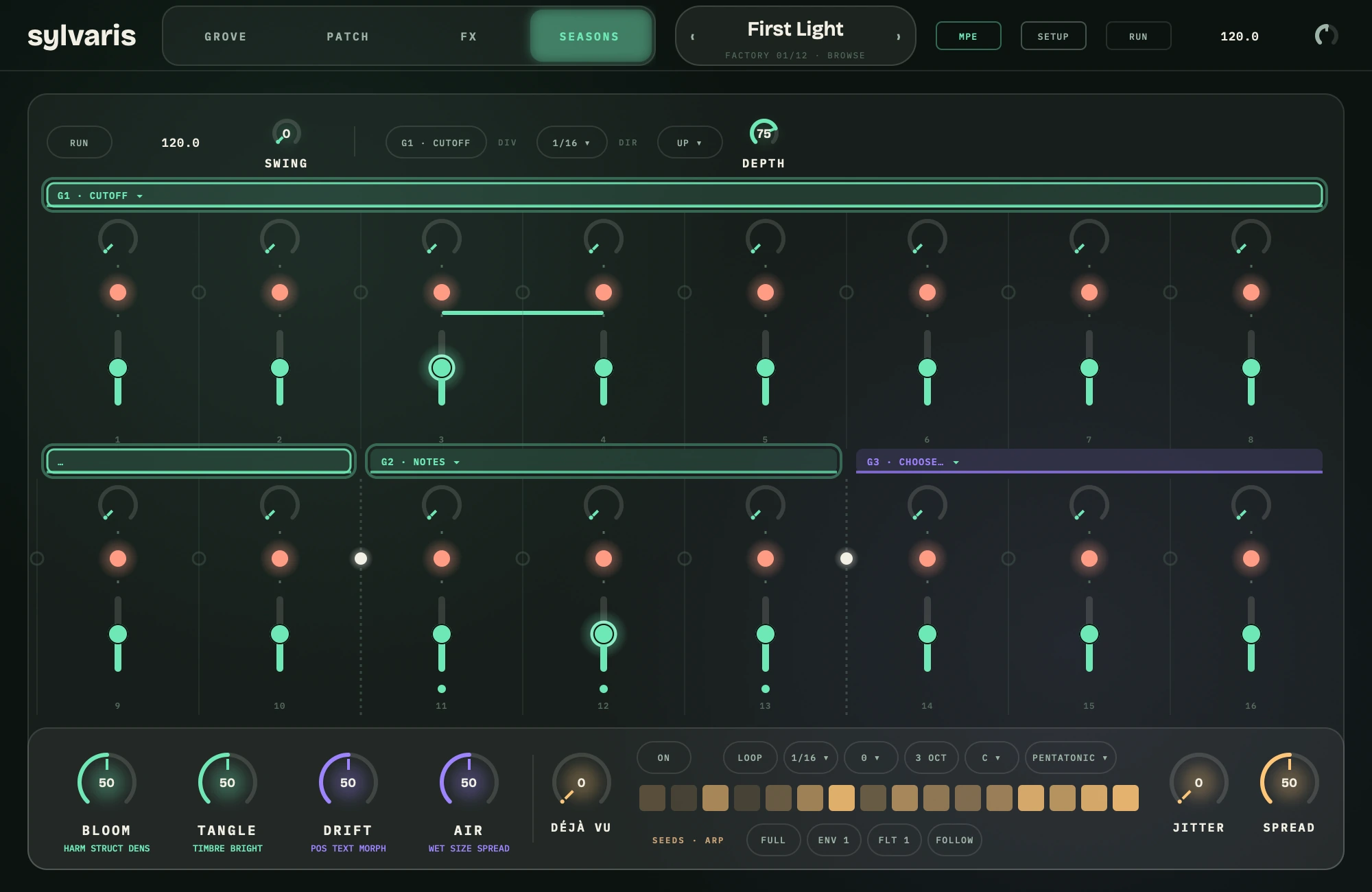 Sylvaris SEASONS tab: sixteen sequencer segments in grouped bands, mid-playback.